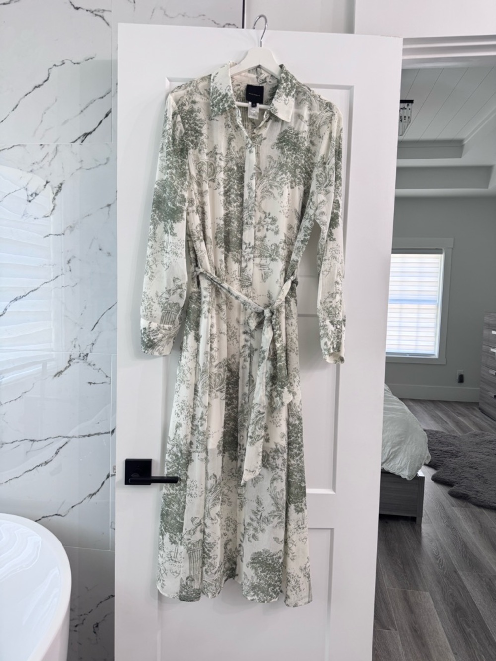 Alex Marie Cream and Sage Green Toile Long Sleeve Shirt Dress with Tie